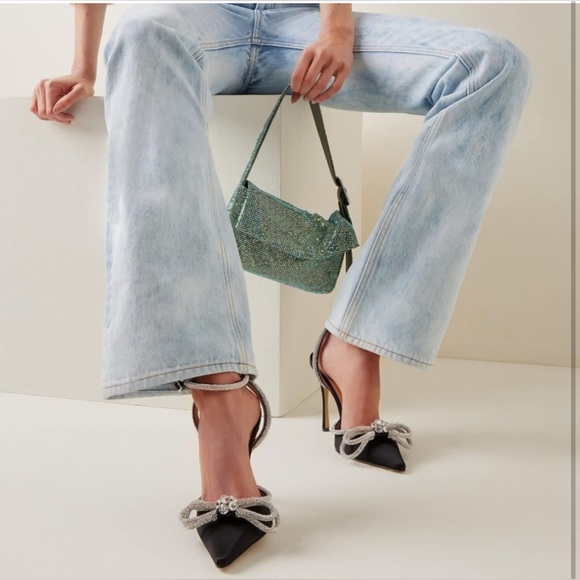 LauraVicci Women's Heeled Sandals Pointed Toe Crystal Bow - Black 7.5 - Picture 2 of 7